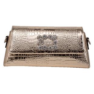 高档质感鳄鱼纹真皮链条单肩腋下包时尚镶钻牛皮金色斜挎小包女包