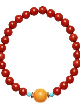 暖言天然南红玛瑙蜜蜡路路通手串