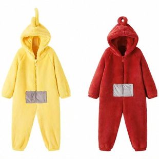 亲子睡衣秋冬母女母子一家三口珊瑚绒女童连体可爱卡通连帽家居服