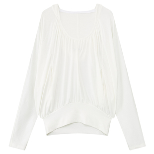 出逃赤岗西 莱赛尔小碎褶U领连帽长袖T恤女春秋季设计感宽松上衣