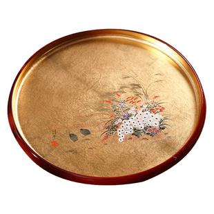 日本进口山中漆器金箔莳绘茶盘圆托盘日式手作云鹤干泡盘茶点盘