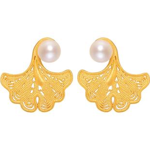 明牌珠宝足金银杏叶耳饰 黄金杏得识卿花丝工艺珍珠耳钉AFH0228