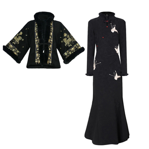 秋冬新款汉服高级感气质刺绣袄保暖外套旗袍丝绒连衣裙国风套装女