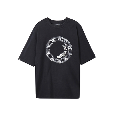 ACUPUNCTURE爱克佩特夏季像素风马赛克锁链环形印花黑色短袖T恤