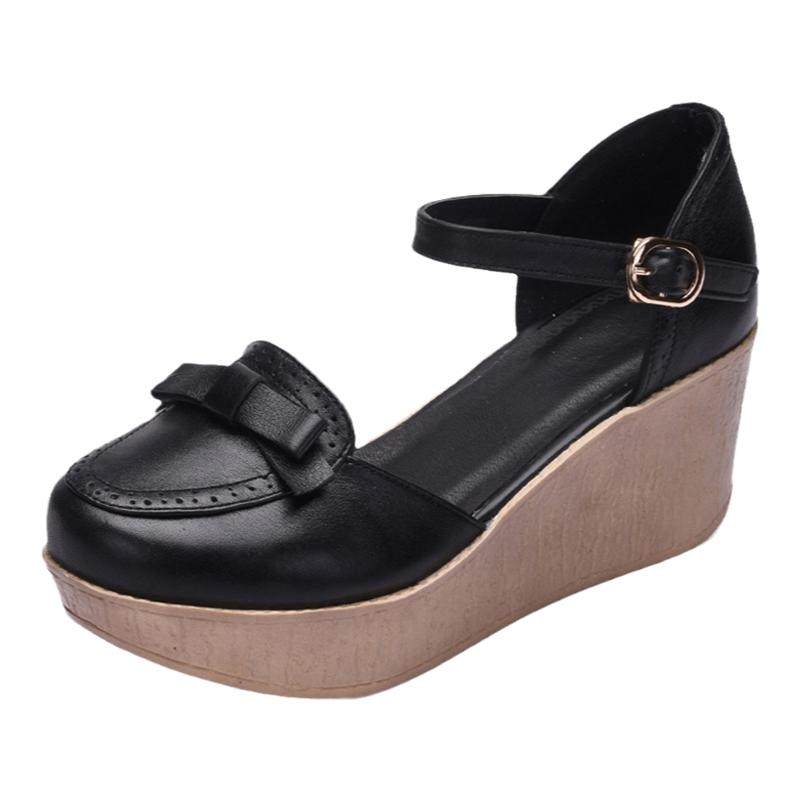 真皮松糕单鞋女2026新款高跟坡跟包头中空凉鞋厚底休闲女鞋皮鞋