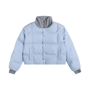 ATRY蓝色棉服女短款棉袄冬季加厚保暖立领拼接假两件pu皮外套男潮