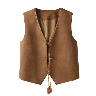 美拉德V领系带麂皮绒系带马甲女春款时髦外搭无袖坎肩背心上衣潮