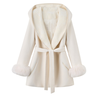 千金风连帽羽绒服女冬中长款收腰加厚保暖毛呢外套高级感呢子大衣