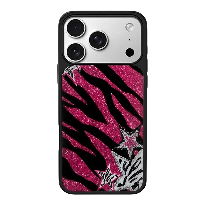 玫红闪粉斑马纹星星美式复古适用于苹果17promax新款手机壳iPhone air/16pro/15plus14玻璃13pro手机套冰感11