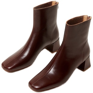 割草机老K 法式复古风粗跟小短靴女靴子真皮单靴瘦瘦靴裸靴中筒靴