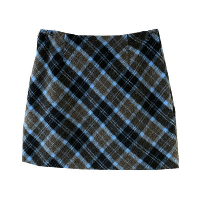 韩系撞色格子斜纹毛呢A字半身裙