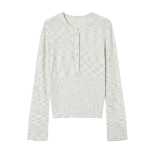 CROWNLESS未冕暗闪亚麻棉25秋新珠片纱复古老钱卷边亨利领长袖T恤