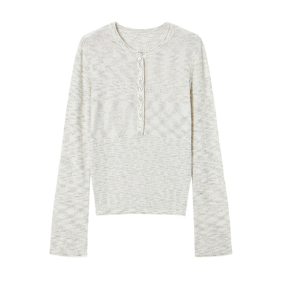 亚麻棉复古老钱卷边亨利领T恤