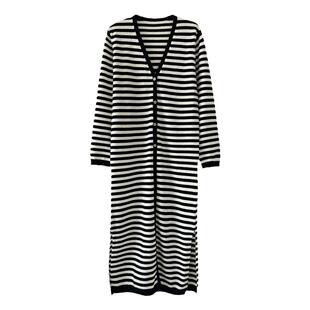 APCSHOP 24年春秋休闲长款羊绒开衫女显瘦V领侧开叉针织条纹外套