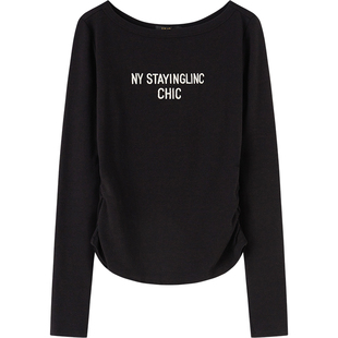 LINCCHIC金羽杰2026年春季新品一字领露肩长袖T恤女S261FK061Y