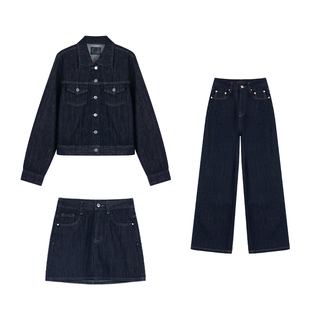 JESTOMS | 复古洗水牛仔原色_金属扣短款外套+包臀半身裙/三件套