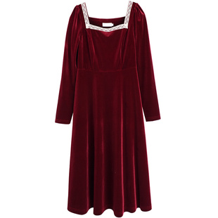 胖莹莹大码女装胖妞春秋蕾丝方领敬酒服胖mm显瘦气质丝绒连衣裙