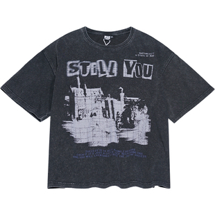 STILLYOU酷帅街头做旧城市剪影印花圆领炒雪花黑色宽松短袖T恤潮