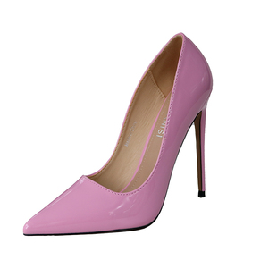 粉红色漆皮大码高跟鞋浅口尖头细跟法式名媛气质12公分欧美红底鞋