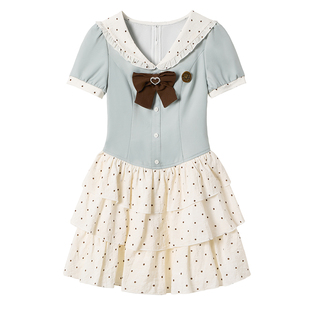 织物猪 薄荷奶糖 甜美学院风波点连衣裙女春季蝴蝶结减龄蛋糕短裙