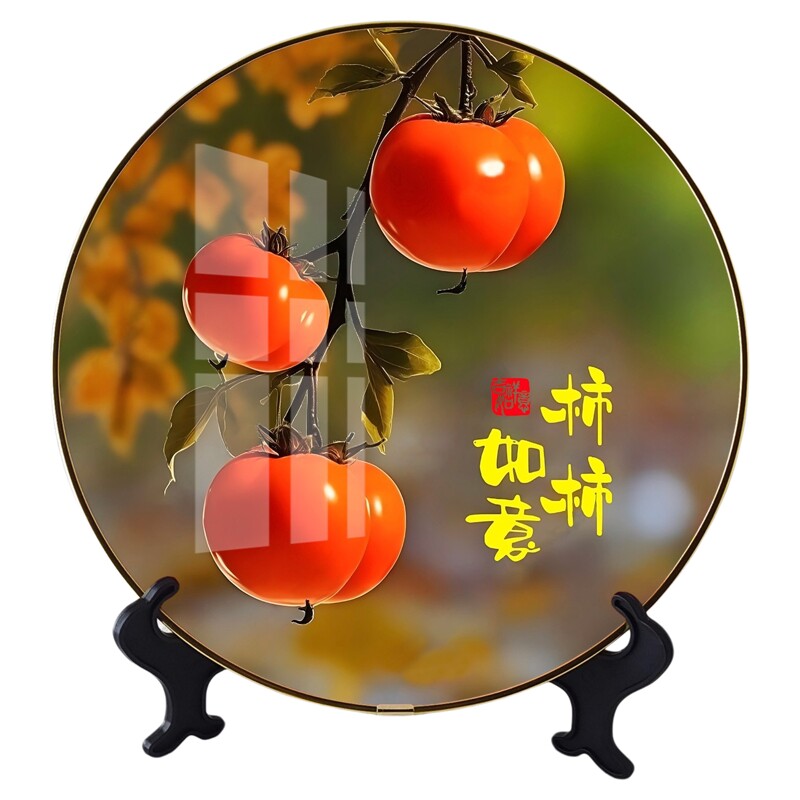 平安喜乐圆形摆台装饰画客厅桌面装饰品柿柿如意玄关电视机柜摆件