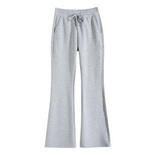 加绒美式辣妹微喇叭白灰色修身卫裤女秋冬新款高腰运动瑜伽长裤子