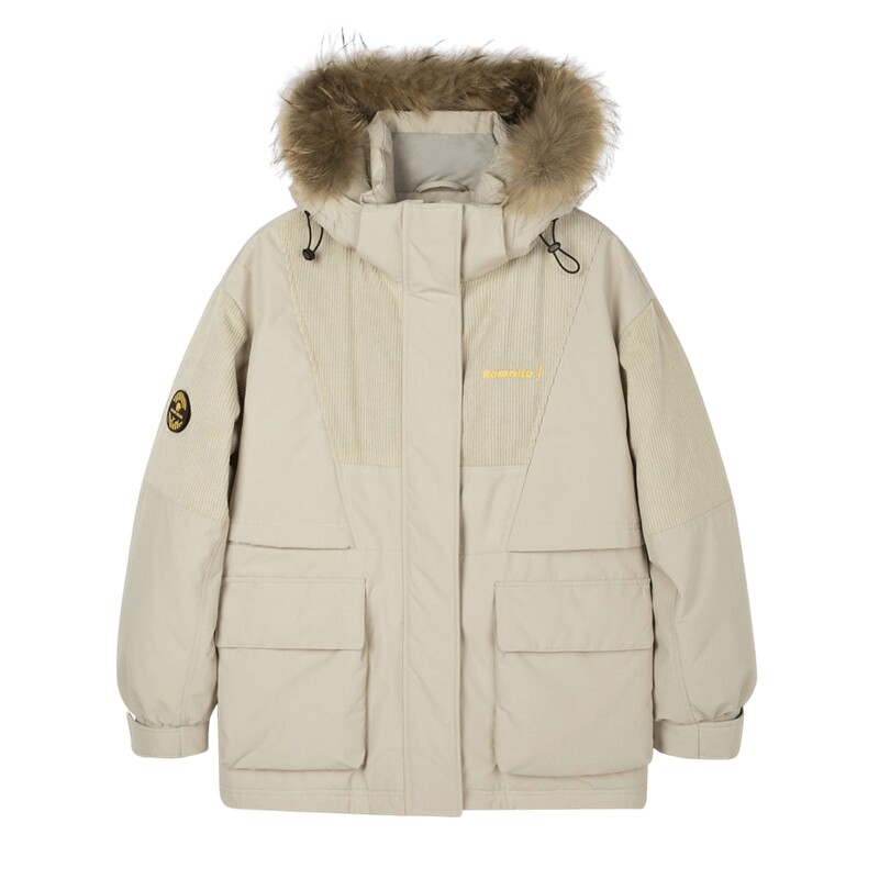 雪中飞秋冬新款潮流校园情侣男女短款貉子毛领羽绒服灯芯绒拼接