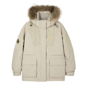 雪中飞秋冬新款潮流校园情侣男女短款貉子毛领羽绒服灯芯绒拼接