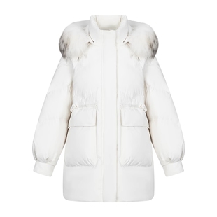 艾莱依毛领羽绒服女新款中长款连帽鸭绒时尚国风盘扣冬季外套