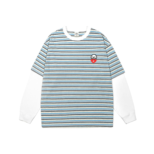 杨博文同款GUUKA&matsui联名小狗假两件长袖男t恤 秋情侣条纹上衣