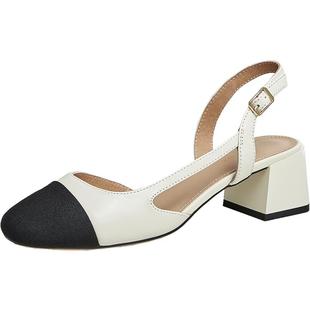 天美意一字带凉鞋粗跟凉鞋女夏季高跟鞋时装凉鞋新款CL501BL4