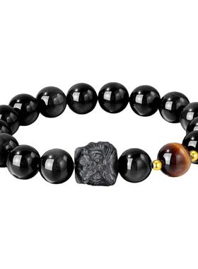 【附证书】天然黑曜石手串国潮银曜石醒狮情侣手链女男高级感礼物