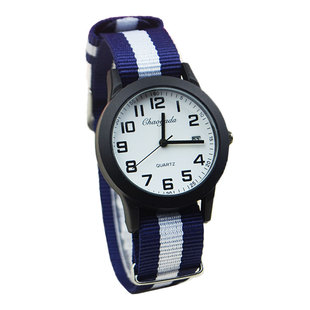 学院风手表男女款防水条纹布带日历盘指针式青少年电子石英腕表新