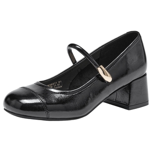 热风复古玛丽珍单鞋女2026年春季新款红色粗跟浅口女鞋百搭高跟鞋