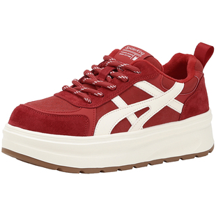 蜘蛛王2025冬季新款女鞋加绒保暖复古红色百搭厚底运动休闲板鞋女