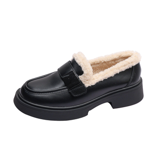 牛皮版~大码女鞋41到43加绒乐福鞋秋冬黑英伦毛毛厚底棉鞋小皮鞋