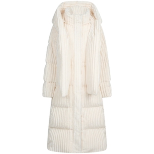 宝姿PORTSPURE女装冬季温暖条绒肌理感软糯围巾帽长款羽绒服