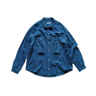 市井蓝染 手工古法植物染宽松休闲法式工装薄外套双面提花深浅蓝