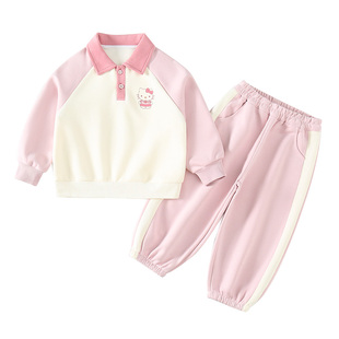 女童套装春装2026新款儿童春秋季洋气休闲女宝猫咪polo领卫衣套装