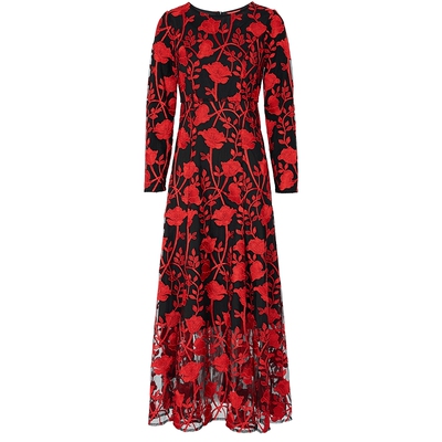 马天奴红色绣花网纱长款连衣裙