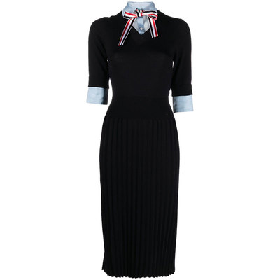 [秋冬优惠]THOM BROWNE 女士羊毛针织欧根纱百褶衬衫裙