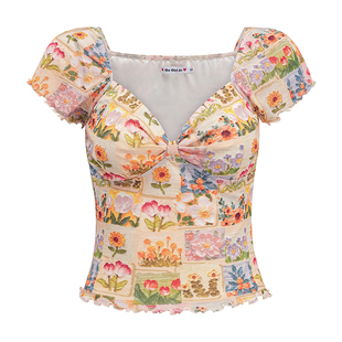 Go Girl Go自制欧美风油画花卉印花v领T恤女夏季花边网纱短袖上衣