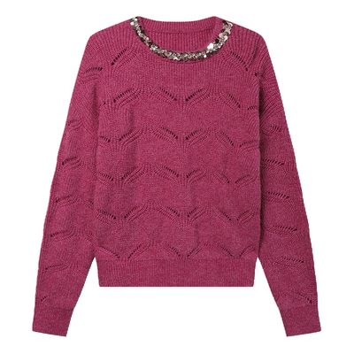 白鹿语圆领亮片拼接钩花纹理毛衣