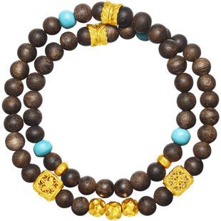 周六福黄金镶嵌手串男女定价九华山系列沉香八宝绿松石王楚然同款