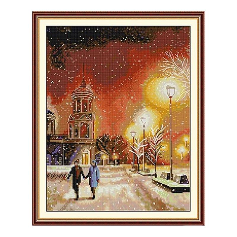 雪天慢步情侣十字绣雪景夜景唯美