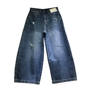E野视角破洞弯刀裤女2026年夏季薄款九分牛仔裤刺绣阔腿裤9638