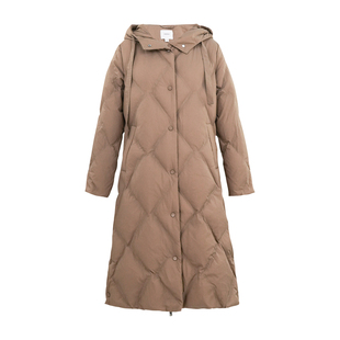 HONRN/红人连帽菱形格纹白鹅绒羽绒服外套冬季女中长款HI55YR435