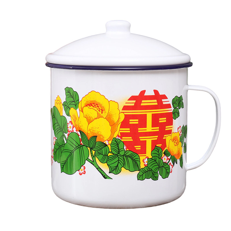 复古双喜加厚搪瓷带盖马克杯