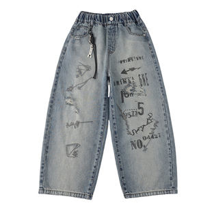 涂鸦印花牛仔裤男女宽松直筒长裤街头风休闲百搭2026新款韩版裤子