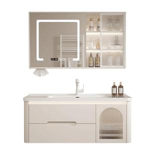 奶油风橡木浴室柜圆角陶瓷一体盆卫生间洗手盆洗脸盆柜组合卫浴柜